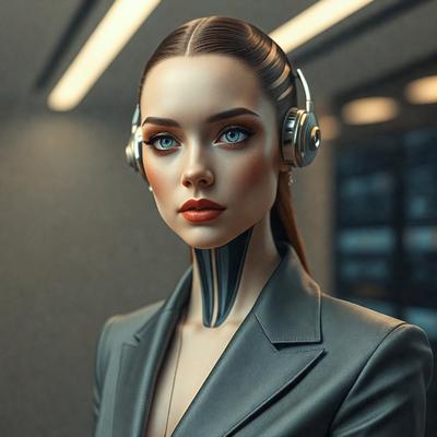 The primary subject of the image is a woman wearing a suit and headphones. She is standing in a room with a backdrop of a wall. The visual style of the image is digital art, and the colors and mood are predominantly gray and neutral.